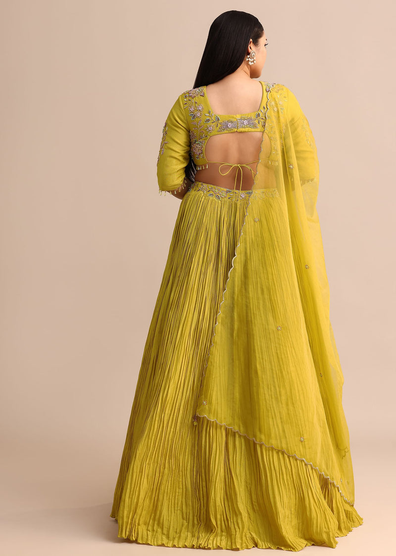 Yellow Ruched Lehenga With Embroidered Blouse And Dupatta