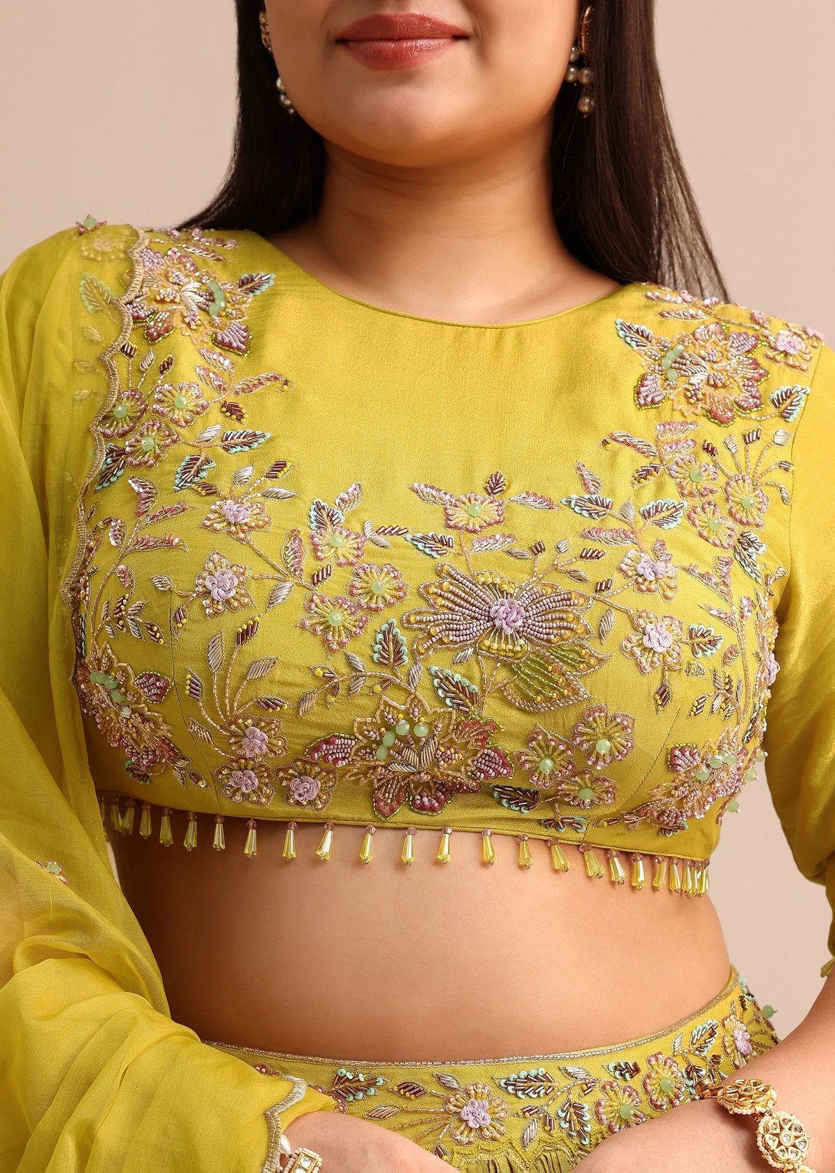 Yellow Ruched Lehenga With Embroidered Blouse And Dupatta