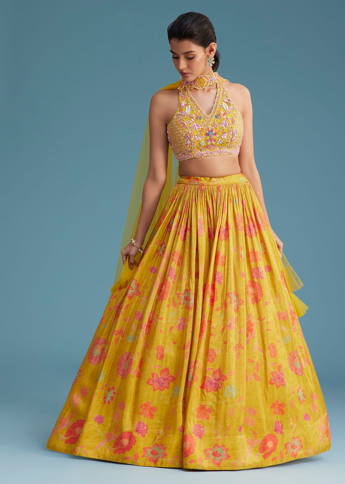 Yellow Tissue Silk Lehenga Set With Floral Print And Embroidery