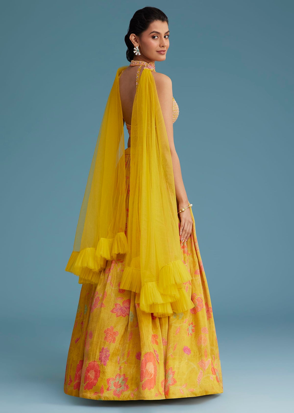 Yellow Tissue Silk Lehenga Set With Floral Print And Embroidery