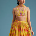 Yellow Tissue Silk Lehenga Set With Floral Print And Embroidery