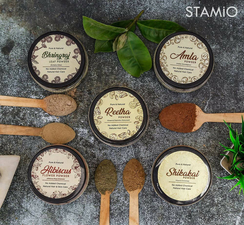 Stamio Pure Amla, Reetha, Shikakai, Bhringraj, Hibiscus Powders Combo For Hair Pack